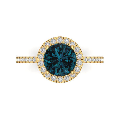 1.8 cttw Natural London Blue Topaz Hidden Halo Engagement Ring - Solid Gold (Round Cut,7.5mm)