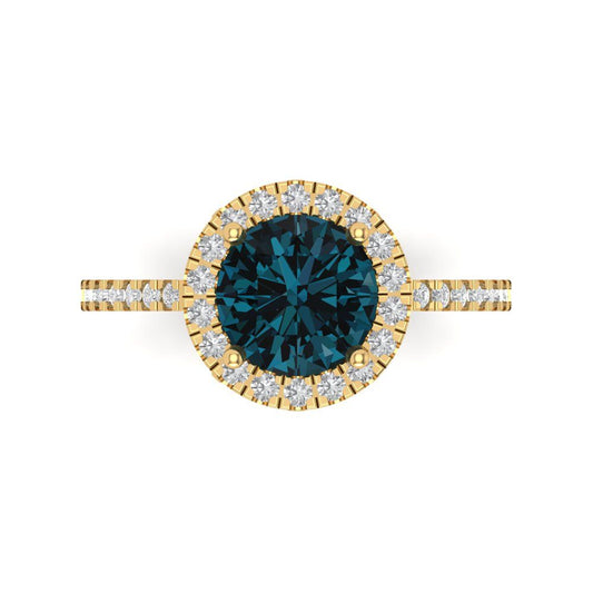 1.8 cttw Natural London Blue Topaz Hidden Halo Engagement Ring - Solid Yellow Gold (VVS1, Round Cut,7.5mm)