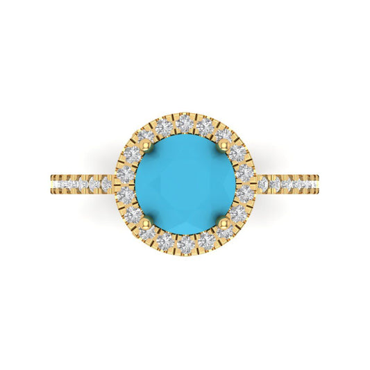 1.8 cttw Simulated Turquoise Hidden Halo Engagement Ring - Solid Yellow Gold (VVS1, Round Cut,7.5mm)