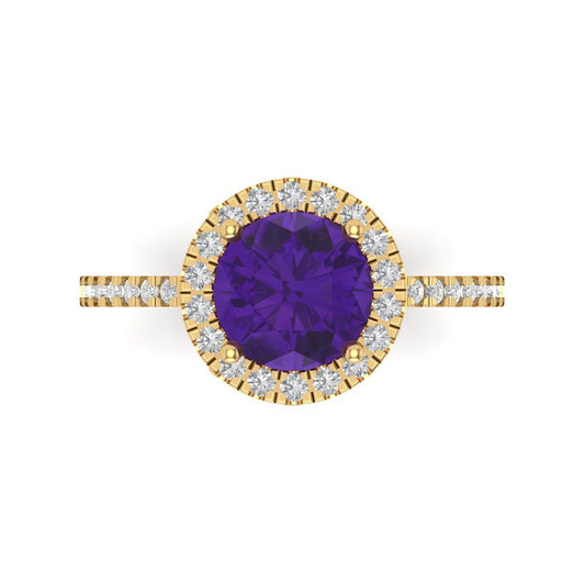 1.8 cttw Natural Amethyst Hidden Halo Engagement Ring - Solid Yellow Gold (VVS1, Round Cut,7.5mm)
