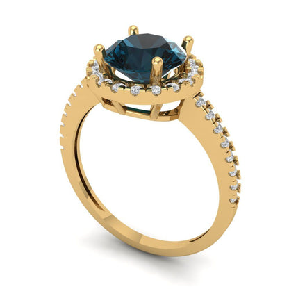 1.8 cttw Natural London Blue Topaz Hidden Halo Engagement Ring - Solid Gold (Round Cut,7.5mm)