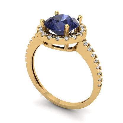 1.8 cttw Simulated Blue Sapphire Hidden Halo Engagement Ring - Solid Gold (Round Cut,7.5mm)