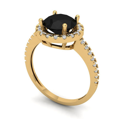 1.8 cttw Natural Onyx Hidden Halo Engagement Ring - Solid Gold (Round Cut,7.5mm)