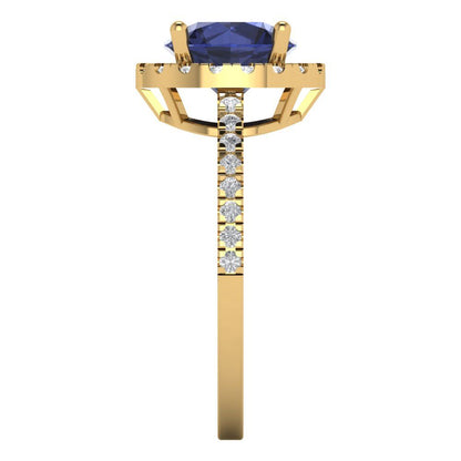 1.8 cttw Simulated Blue Sapphire Hidden Halo Engagement Ring - Solid Gold (Round Cut,7.5mm)