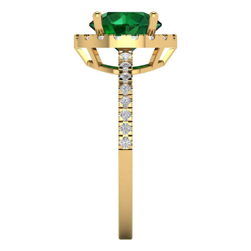 1.86 ct Brilliant Round Cut Simulated Emerald Stone Yellow Gold Halo Solitaire with Accents Ring