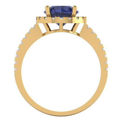 1.8 cttw Simulated Blue Sapphire Hidden Halo Engagement Ring - Solid Gold (Round Cut,7.5mm)