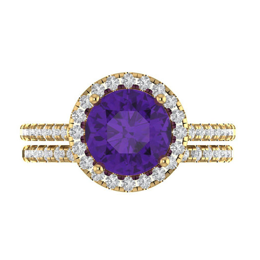 2.52 cttw Round Cut Natural Amethyst Bridal Set - Solid Yellow Gold Engagement Ring & Wedding Band