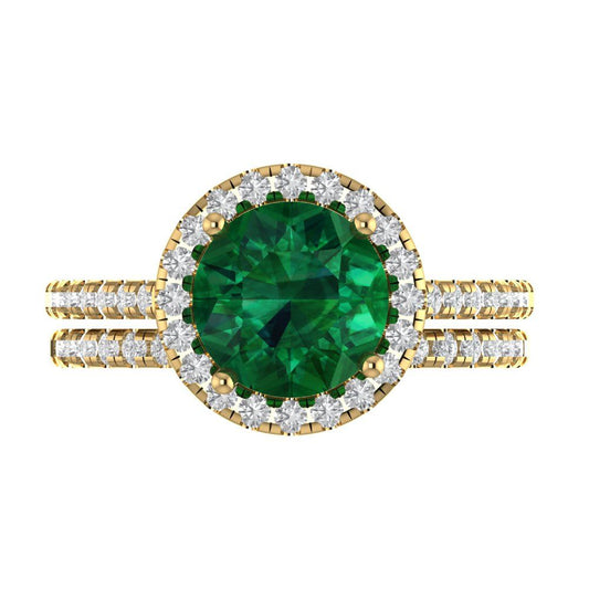 2.52 cttw Round Cut Simulated Emerald Bridal Set - Solid Yellow Gold Engagement Ring & Wedding Band