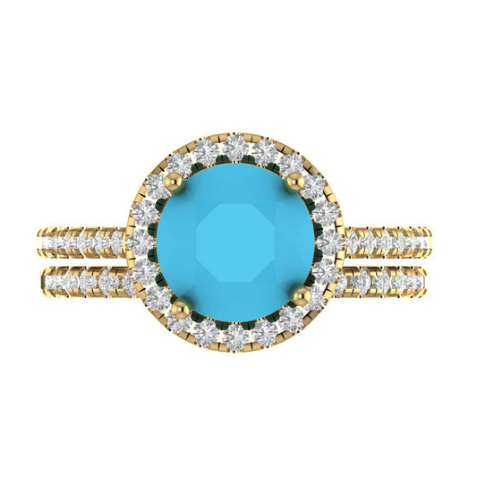 2.52 cttw Round Cut Simulated Turquoise Bridal Set - Solid Yellow Gold Engagement Ring & Wedding Band