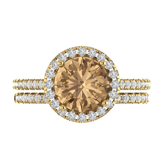 2.52 cttw Round Cut Simulated Champagne Diamond Bridal Set - Solid Yellow Gold Engagement Ring & Wedding Band