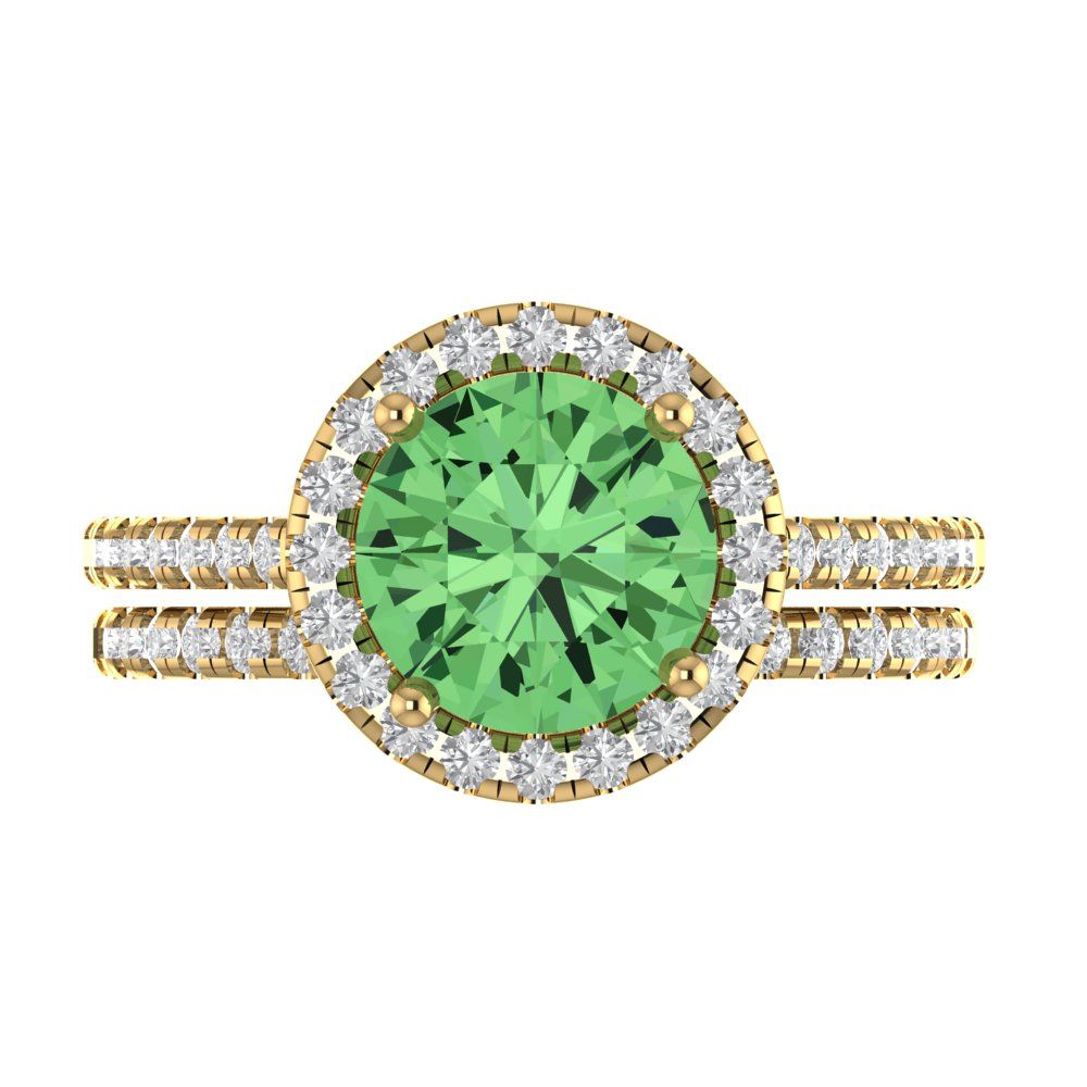 2.52 cttw Round Cut Simulated Green Diamond Bridal Set - Solid Yellow Gold Engagement Ring & Wedding Band