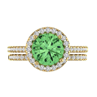 2.52 cttw Round Cut Simulated Green Diamond Bridal Set - Solid Yellow Gold Engagement Ring & Wedding Band
