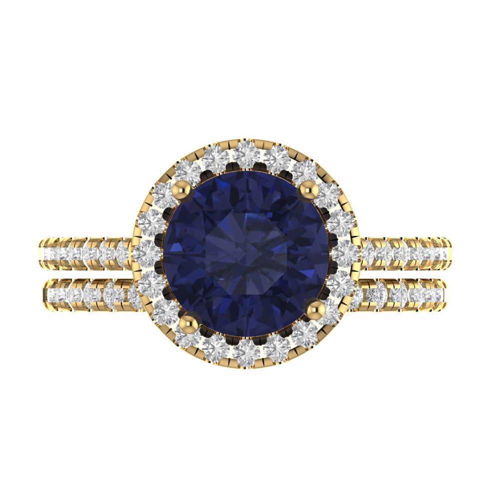 2.52 cttw Round Cut Simulated Blue Sapphire Bridal Set - Solid Yellow Gold Engagement Ring & Wedding Band