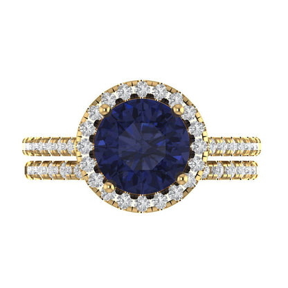2.52 cttw Round Cut Simulated Blue Sapphire Bridal Set - Solid Yellow Gold Engagement Ring & Wedding Band