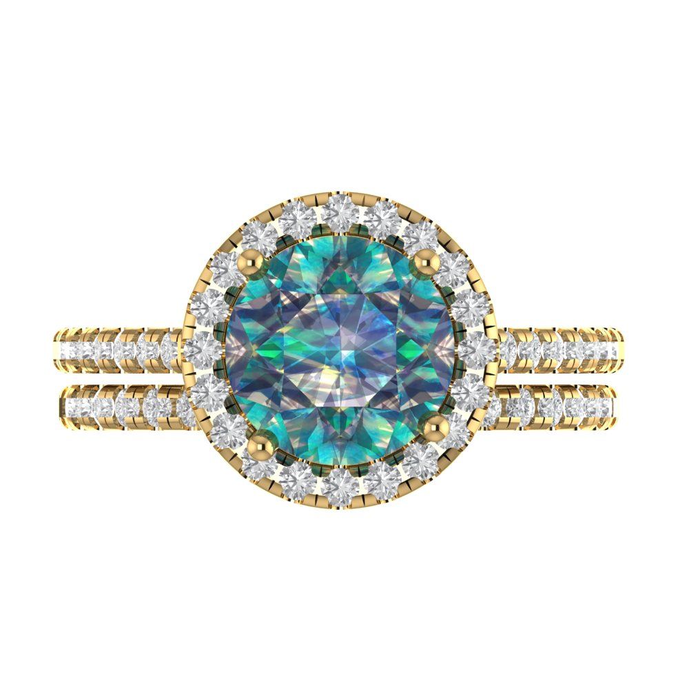 2.52 cttw Round Cut Blue Moissanite Bridal Set - Solid Yellow Gold Engagement Ring & Wedding Band