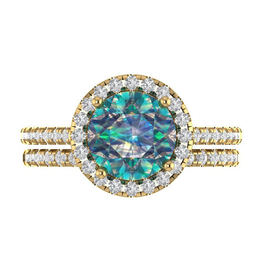 2.52 cttw Round Cut Blue Moissanite Bridal Set - Solid Yellow Gold Engagement Ring & Wedding Band