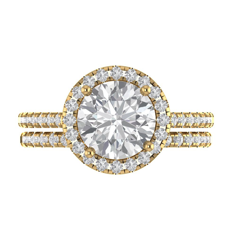 2.52 cttw Round Cut White Sapphire Bridal Set - Solid Yellow Gold Engagement Ring & Wedding Band