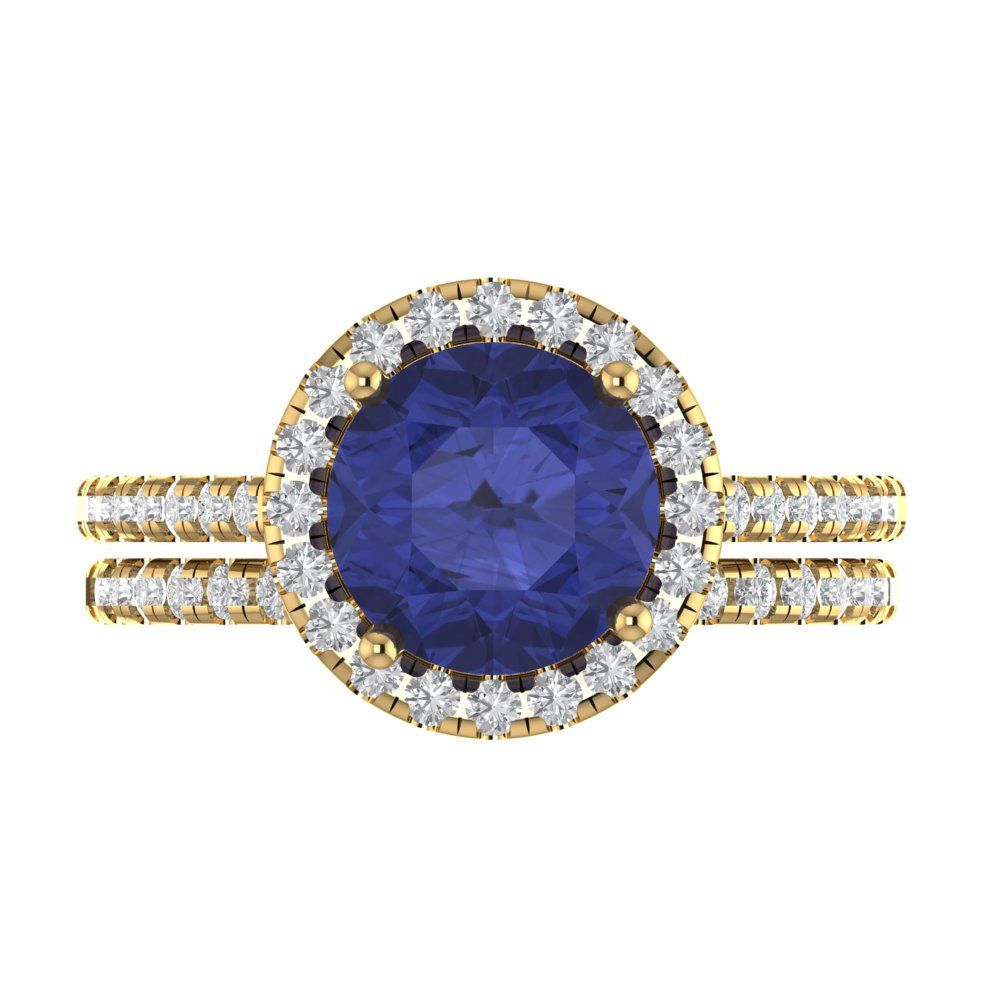 2.52 cttw Round Cut Simulated Tanzanite Bridal Set - Solid Yellow Gold Engagement Ring & Wedding Band