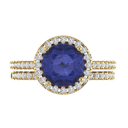 2.52 cttw Round Cut Simulated Tanzanite Bridal Set - Solid Yellow Gold Engagement Ring & Wedding Band