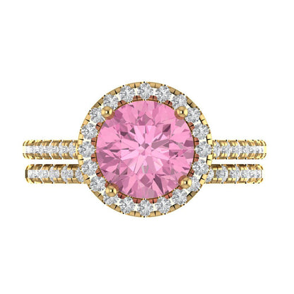 2.52 cttw Round Cut Simulated Pink Diamond Bridal Set - Solid Yellow Gold Engagement Ring & Wedding Band