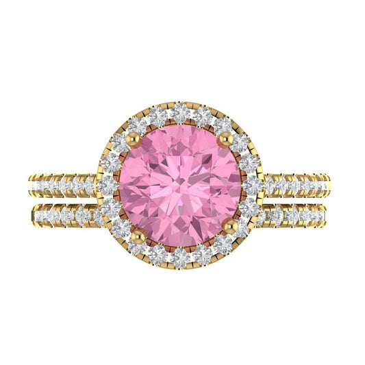 2.52 cttw Round Cut Simulated Pink Diamond Bridal Set - Solid Yellow Gold Engagement Ring & Wedding Band