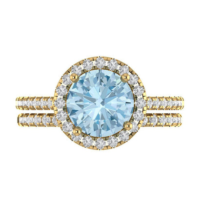 2.52 cttw Round Cut Natural Aquamarine Bridal Set - Solid Yellow Gold Engagement Ring & Wedding Band