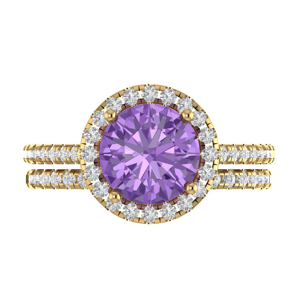 2.52 cttw Round Cut Simulated Alexandrite Bridal Set - Solid Yellow Gold Engagement Ring & Wedding Band