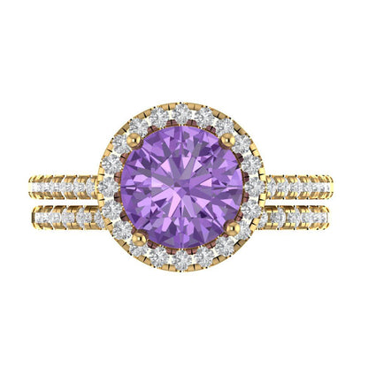 2.52 cttw Round Cut Simulated Alexandrite Bridal Set - Solid Yellow Gold Engagement Ring & Wedding Band