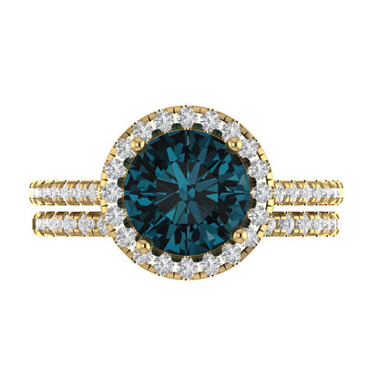 2.52 cttw Round Cut Natural London Blue Topaz Bridal Set - Solid Yellow Gold Engagement Ring & Wedding Band