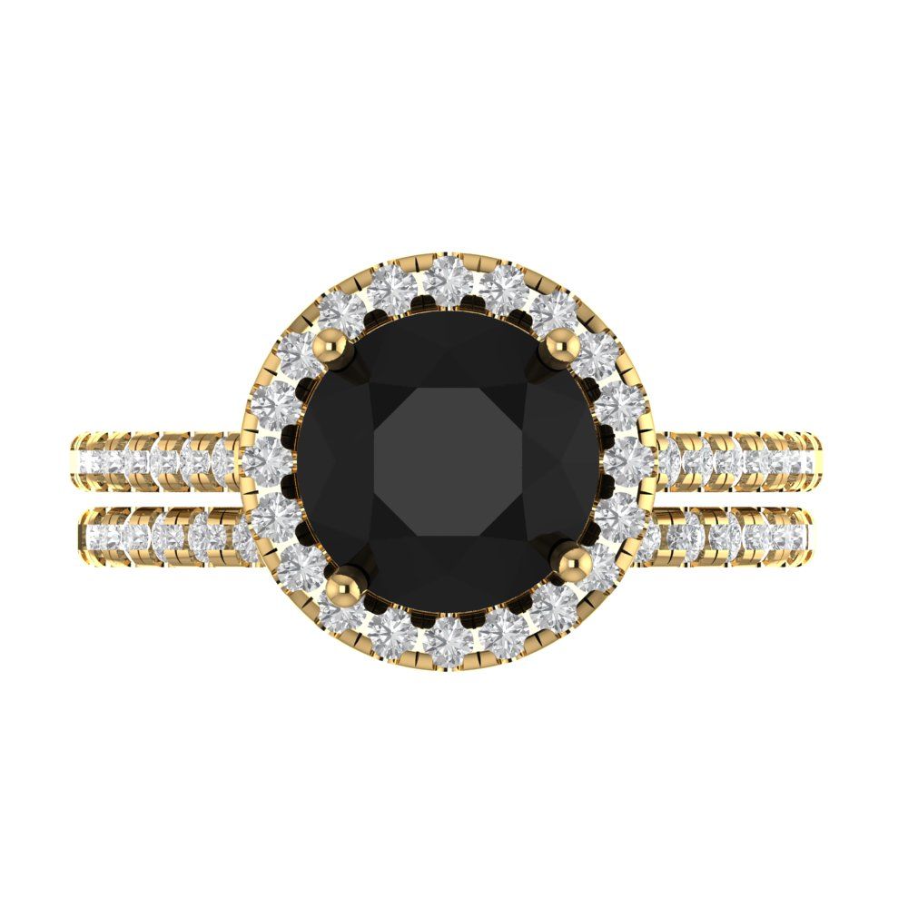 2.52 cttw Round Cut Natural Onyx Bridal Set - Solid Yellow Gold Engagement Ring & Wedding Band