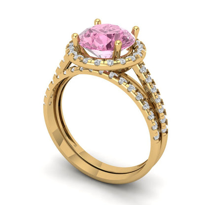 2.52 cttw Round Cut Simulated Pink Diamond Bridal Set - Solid Yellow Gold Engagement Ring & Wedding Band