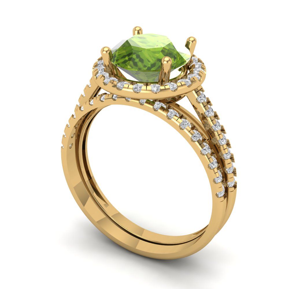 2.52 cttw Round Cut Natural Peridot Bridal Set - Solid Yellow Gold Engagement Ring & Wedding Band