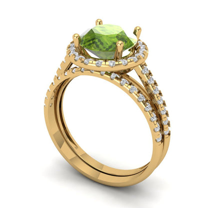 2.52 cttw Round Cut Natural Peridot Bridal Set - Solid Yellow Gold Engagement Ring & Wedding Band