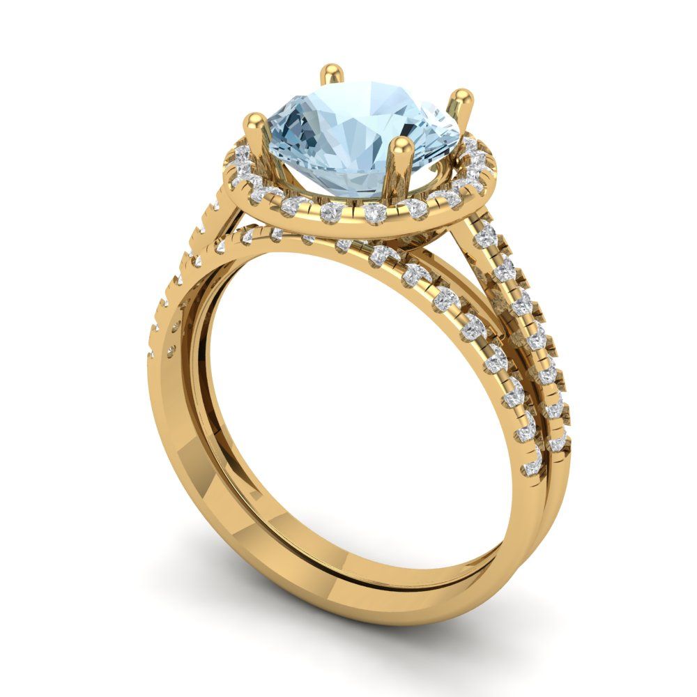 2.52 cttw Round Cut Natural Aquamarine Bridal Set - Solid Yellow Gold Engagement Ring & Wedding Band