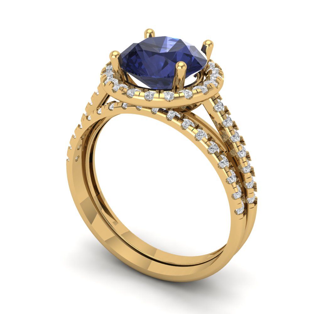 2.52 cttw Round Cut Simulated Blue Sapphire Bridal Set - Solid Yellow Gold Engagement Ring & Wedding Band