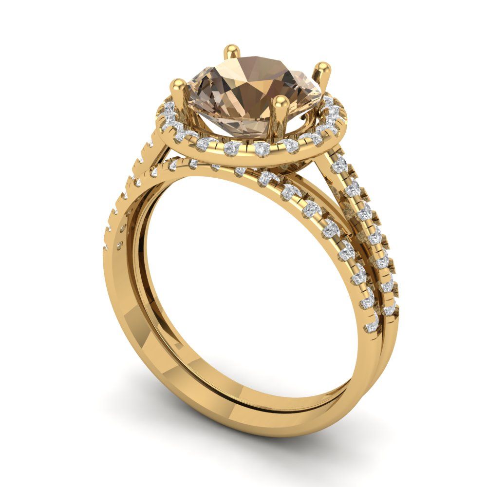 2.52 cttw Round Cut Simulated Champagne Diamond Bridal Set - Solid Yellow Gold Engagement Ring & Wedding Band