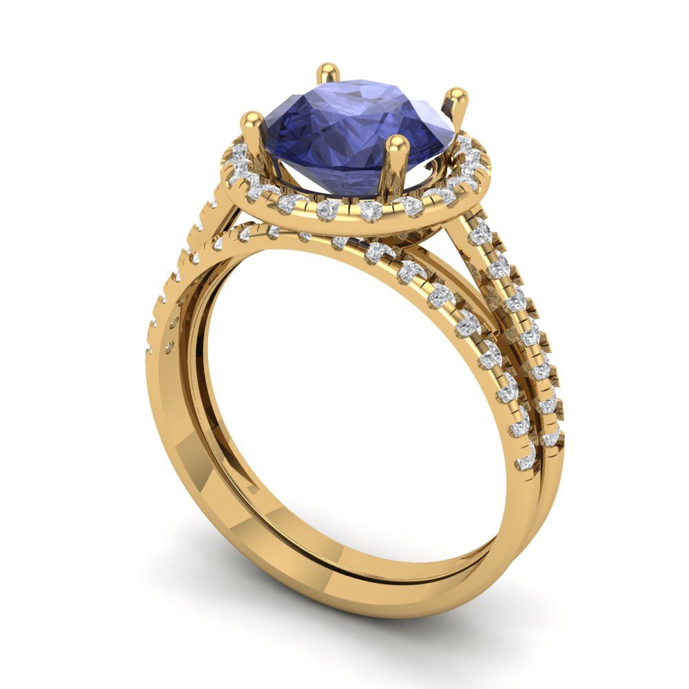 2.52 cttw Round Cut Simulated Tanzanite Bridal Set - Solid Yellow Gold Engagement Ring & Wedding Band