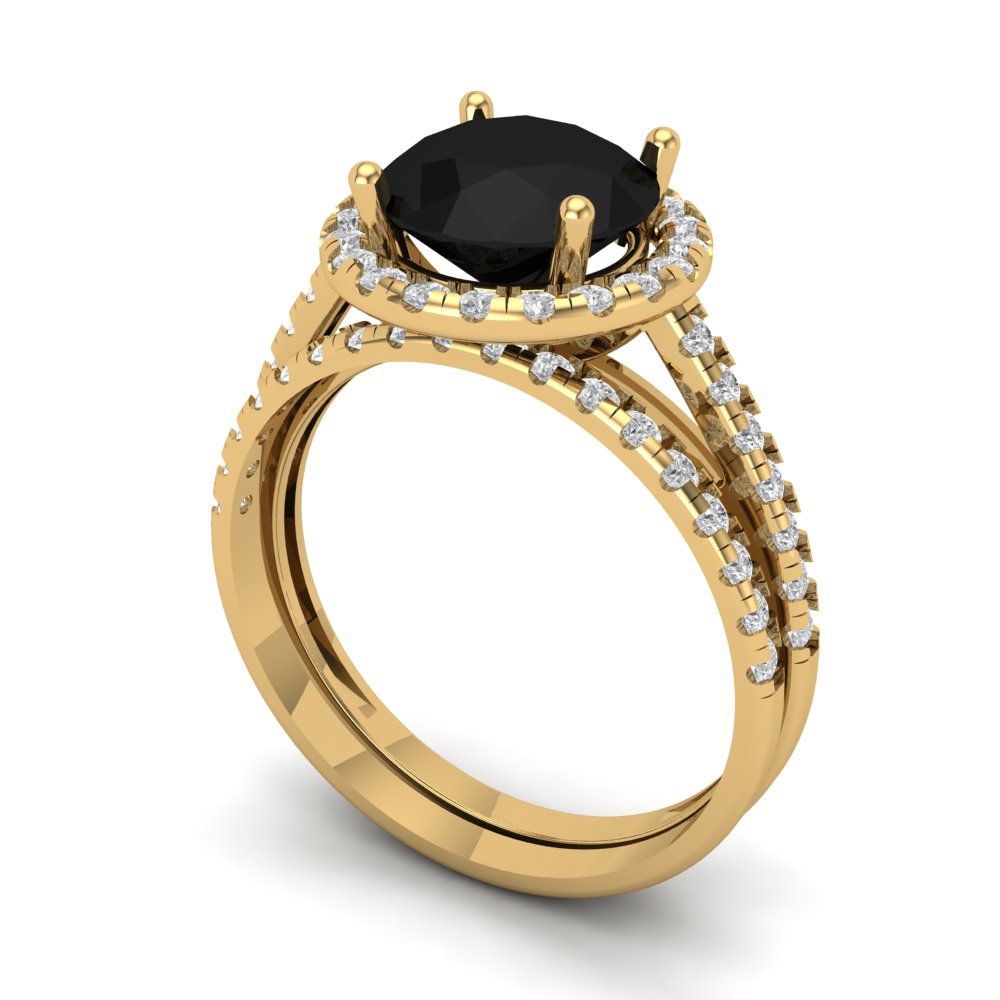 2.52 cttw Round Cut Natural Onyx Bridal Set - Solid Yellow Gold Engagement Ring & Wedding Band