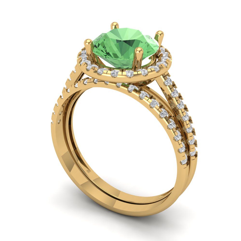 2.52 cttw Round Cut Simulated Green Diamond Bridal Set - Solid Yellow Gold Engagement Ring & Wedding Band