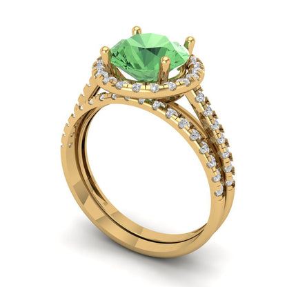 2.52 cttw Round Cut Simulated Green Diamond Bridal Set - Solid Yellow Gold Engagement Ring & Wedding Band