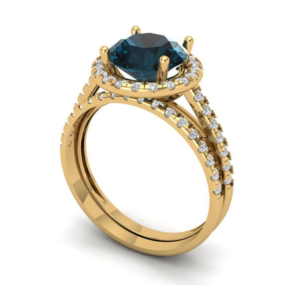 2.52 cttw Round Cut Natural London Blue Topaz Bridal Set - Solid Yellow Gold Engagement Ring & Wedding Band