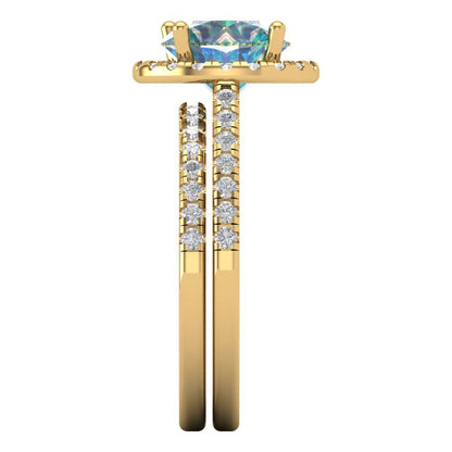 2.52 cttw Round Cut Blue Moissanite Bridal Set - Solid Yellow Gold Engagement Ring & Wedding Band