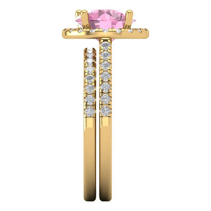2.52 cttw Round Cut Simulated Pink Diamond Bridal Set - Solid Yellow Gold Engagement Ring & Wedding Band