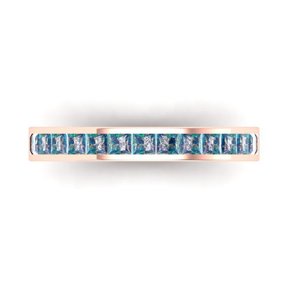 0.78 cttw Blue Moissanite Princess Cut Rose Gold Eternity Wedding Band