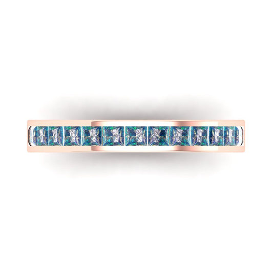 0.78 cttw Blue Moissanite Princess Cut Rose Gold Eternity Wedding Band