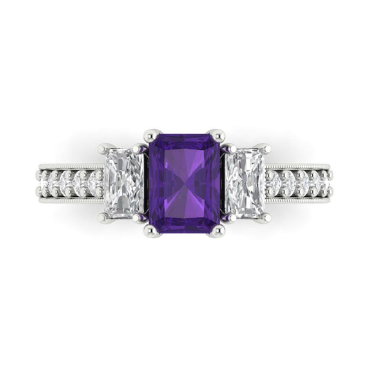 1.88 cttw Natural Amethyst Three-Stone Engagement Ring - Solid White Gold (VVS1, Emerald Cut,7x5mm)