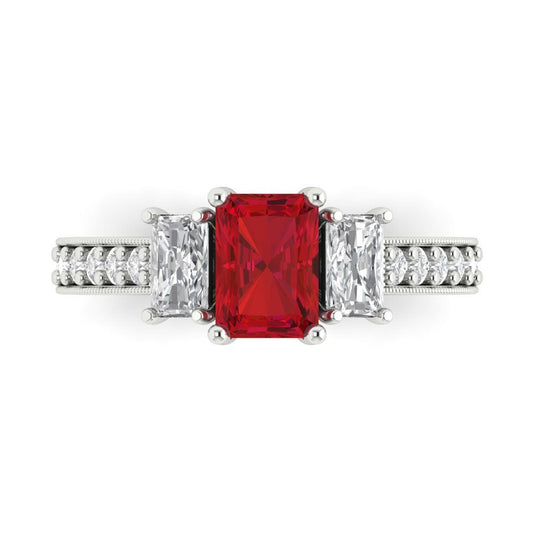 1.88 cttw Simulated Pink Tourmaline Three-Stone Engagement Ring - Solid White Gold (VVS1, Emerald Cut,7x5mm)