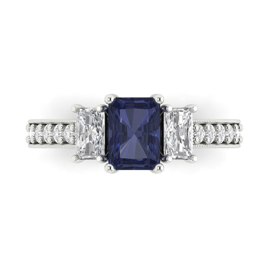 1.88 cttw Simulated Blue Sapphire Three-Stone Engagement Ring - Solid White Gold (VVS1, Emerald Cut,7x5mm)