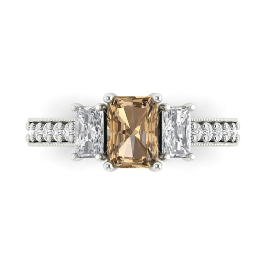 1.88 cttw Zirconia Simulated Champagne Diamond Three-Stone Engagement Ring - Solid White Gold (VVS1, Emerald Cut,7x5mm)