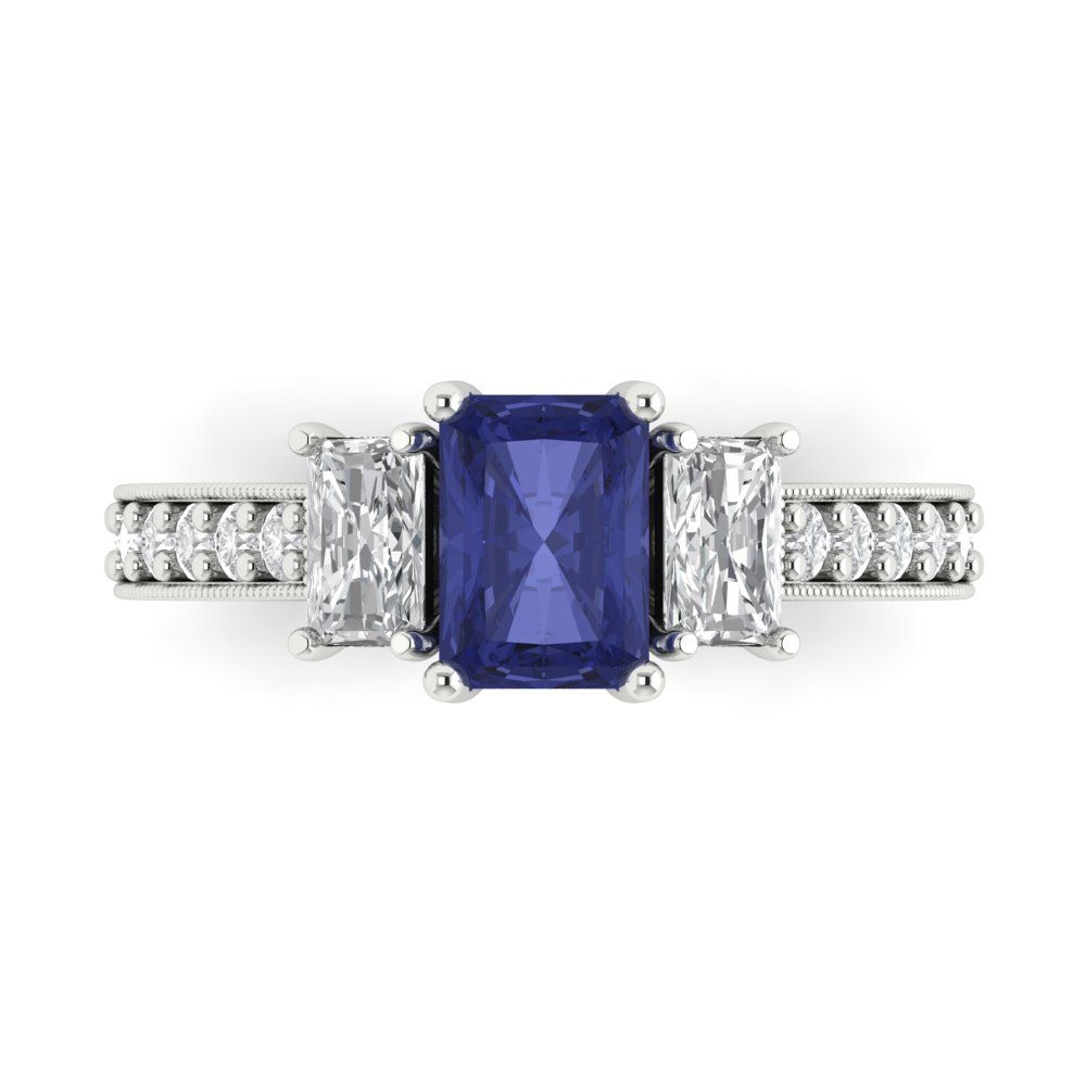 1.88 cttw Simulated Tanzanite Three-Stone Engagement Ring - Solid Gold (Emerald Cut,7x5mm)